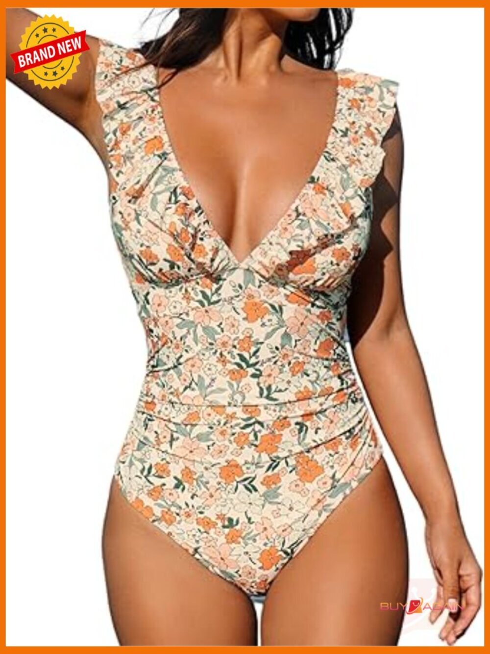 Ruffled V Neck One Piece Swimsuit Tummy Control Lace Up